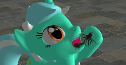 Size: 1366x705 | Tagged: safe, artist:lol im a pumpkin, lyra heartstrings, pony, spider, unicorn, g4, 3d, eating, female, hoof hold, mare, ponies eating bugs, solo, source filmmaker, table, vore, xnalara