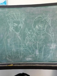 Size: 540x720 | Tagged: safe, artist:thecaptainacobskicorncob, flash sentry, sunset shimmer, equestria girls, g4, chalkboard, female, male, ship:flashimmer, shipping, straight, traditional art