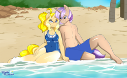 Size: 5090x3121 | Tagged: safe, artist:xwhitedreamsx, oc, oc only, unicorn, anthro, unguligrade anthro, anthro oc, beach, clothes, commission, female, glasses, holding hands, male, mare, one-piece swimsuit, palm tree, sand, stallion, swimsuit, tree