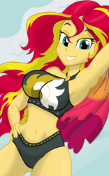 Size: 1200x1920 | Tagged: safe, artist:theroyalprincesses, sunset shimmer, equestria girls, equestria girls series, g4, armpits, beach shorts swimsuit, bedroom eyes, belly button, bikini, black swimsuit, breasts, busty sunset shimmer, clothes, curvy, cutie mark swimsuit, female, grin, hand on hip, hourglass figure, jeweled swimsuit, midriff, old art, sarong, sexy, smiling, solo, stupid sexy sunset shimmer, summer sunset, sunset shimmer's beach shorts swimsuit, swimsuit