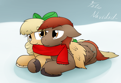 Size: 2285x1567 | Tagged: safe, artist:the-furry-railfan, oc, oc only, oc:kirarasprings, oc:winterlight, pegasus, pony, bow, christmas, clothes, couple, cuddling, cute, holiday, scarf, shared clothing, shared scarf, unshorn fetlocks, wings