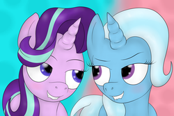 Size: 1800x1200 | Tagged: safe, artist:pavlovzdawg, starlight glimmer, trixie, pony, unicorn, g4, road to friendship, blushing, female, lesbian, looking at each other, mare, ship:startrix, shipping