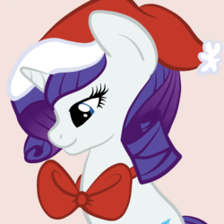 Size: 2100x2100 | Tagged: safe, artist:lannielona, rarity, pony, unicorn, g4, alternate hairstyle, bow, bust, christmas, female, hat, high res, holiday, looking down, mare, portrait, ribbon, santa hat, simple background, solo, ych result