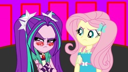 Size: 1920x1080 | Tagged: safe, artist:bigpurplemuppet99, artist:sketchmcreations, aria blaze, fluttershy, equestria girls, g4, angry, ariashy, blushing, duo, female, lesbian, shipping