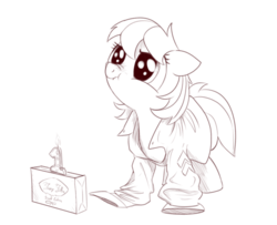 Size: 1132x920 | Tagged: safe, artist:brisineo, oc, oc only, oc:roulette, pony, fallout equestria, fallout equestria: red 36, angry, candle, clothes, cute, ears back, fanfic art, female, filly, glare, grayscale, jacket, looking up, monochrome, nose wrinkle, ocbetes, one year anniversary, oversized clothes, scrunchy face, simple background, solo, weapons-grade cute, white background