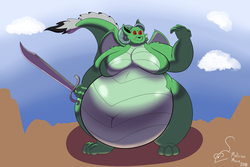 Size: 4500x3000 | Tagged: safe, artist:facade, oc, oc only, oc:dacian, dragon, falchion, fat, macro, moobs, morbidly obese, obese, solo, weapon