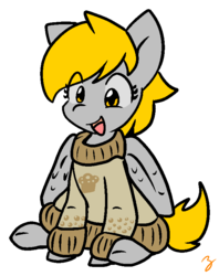 Size: 607x768 | Tagged: safe, artist:zutcha, derpy hooves, pegasus, pony, g4, clothes, cute, derpabetes, female, happy, mare, open mouth, simple background, sitting, smiling, solo, sweater, transparent background, underp