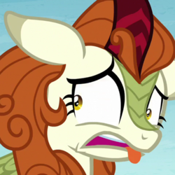 Size: 480x480 | Tagged: safe, screencap, autumn blaze, kirin, g4, sounds of silence, cropped, cute, disgusted, female, solo, tongue out