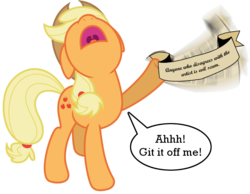 Size: 900x700 | Tagged: artist needed, safe, applejack, earth pony, pony, g4, cowboy hat, dialogue, female, funetik aksent, hat, joke, magnetic hooves, mare, mouthpiece, old banner, parody, simple background, solo, speech bubble, transparent background