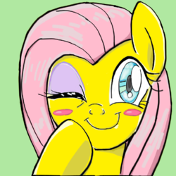 Size: 480x480 | Tagged: safe, artist:tastyrainbow, fluttershy, pony, g4, blushing, cute, early concept, female, happy, one eye closed, solo, wink