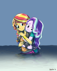 Size: 1280x1590 | Tagged: safe, artist:jeglegator, starlight glimmer, sunset shimmer, equestria girls, g4, clothes, cuddling, cute, duo, female, glimmerbetes, hug, jacket, lesbian, lidded eyes, shimmerbetes, ship:shimmerglimmer, shipping, smiling, water, wet, wet hair