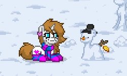 Size: 472x281 | Tagged: safe, artist:sevenxninja, oc, oc only, oc:love biscuit, pony, unicorn, pony town, :|, carrot, clothes, ear piercing, earring, female, food, hat, jewelry, lidded eyes, looking at something, mare, piercing, prone, scarf, snow, snowpony, socks, solo, striped socks