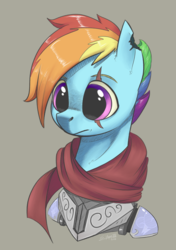 Size: 2393x3400 | Tagged: safe, artist:silverhopexiii, rainbow dash, pegasus, pony, g4, alternate universe, armor, bust, clothes, female, high res, mare, scar, scarf, solo