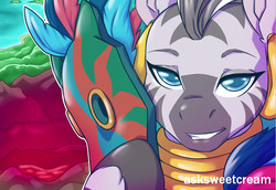 Size: 743x511 | Tagged: safe, artist:mlpfwb, zecora, pony, twilight sparkle's secret shipfic folder, g4, female, grin, lidded eyes, mask, smiling, solo