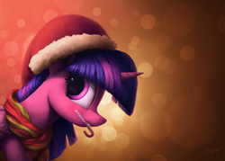 Size: 1400x1000 | Tagged: safe, artist:lollipony, twilight sparkle, alicorn, pony, g4, candy, candy cane, christmas, clothes, female, food, hat, holiday, looking at you, mare, mouth hold, santa hat, scarf, solo, starry eyes, sugar cane, twilight sparkle (alicorn), wingding eyes