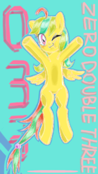 Size: 480x852 | Tagged: safe, artist:tastyrainbow, pegasus, pony, cute, early concept, happy, lies, one eye closed, solo, wink