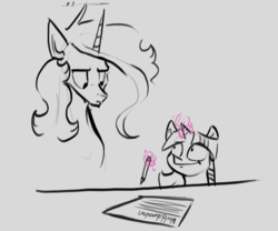 Size: 685x569 | Tagged: safe, artist:greyscaleart, princess celestia, twilight sparkle, alicorn, pony, g4, female, frown, looking at each other, mare, monochrome, pencil, sketch, twilight wrote this, world domination, writing