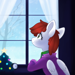 Size: 3000x3000 | Tagged: safe, artist:scarlet-spectrum, oc, oc only, oc:graph travel, pegasus, pony, christmas, christmas tree, clock, clothes, female, freckles, high res, holiday, mare, scarf, smiling, snow, solo, tree, vest, window, winter