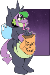 Size: 1003x1509 | Tagged: safe, artist:inisu, spike, changeling, dragon, anthro, g4, bag, belly, bhm, changeling costume, clothes, costume, explicit source, fat, fat spike, halloween, halloween costume, holiday, kigurumi, lidded eyes, male, solo, tongue out, trick or treat