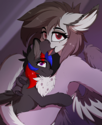 Size: 1626x2000 | Tagged: safe, artist:meggchan, oc, oc only, oc:narcissa, oc:phase shift, griffon, pegasus, pony, beak, chest fluff, claws, cuddling, cute, female, floppy ears, fluffy, freckles, grabbing, griffon on pony action, hug, interspecies, lesbian, long tail, looking at you, looking up, mare, open mouth, pony on griffon action, selfie, size difference, smiling, snuggling, spread wings, tail feathers, talons, wings