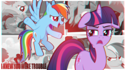 Size: 1280x720 | Tagged: safe, artist:sweetleafx, rainbow dash, twilight sparkle, g4, floppy ears, i knew you were trouble, song reference, taylor swift