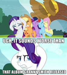 Size: 1280x1440 | Tagged: safe, screencap, applejack, fluttershy, rainbow dash, rarity, twilight sparkle, alicorn, pony, g4, yakity-sax, annoyed, caption, covering ears, image macro, male, text, the simpsons, twilight sparkle (alicorn), yovidaphone