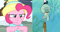 Size: 1913x1024 | Tagged: artist needed, editor needed, safe, edit, edited screencap, screencap, pinkie pie, earth pony, pony, g4, my little pony best gift ever, big nose, clothes, comparison, female, graveyard of comments, hat, krusty krab hat, male, mare, now it's art, scarf, shirt, snow, spongebob squarepants, squidward nose, squidward tentacles, unamused, wat, winter outfit