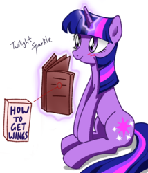 Size: 1200x1400 | Tagged: safe, artist:tastyrainbow, twilight sparkle, pony, unicorn, g4, blushing, book, cute, female, happy, magic, mare, purple eyes, simple background, sitting, solo, telekinesis, unicorn twilight, white background