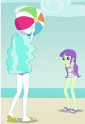 Size: 717x1051 | Tagged: safe, screencap, paisley, starlight, equestria girls, g4, beach ball, clothes, duo, duo female, feet, female, flip-flops, sandals, striped swimsuit, swimsuit