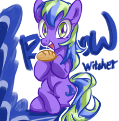 Size: 671x680 | Tagged: safe, artist:tastyrainbow, oc, oc only, pony, bread, cute, food, green eyes, happy, purple, solo