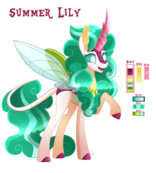Size: 1796x1984 | Tagged: safe, artist:sugaryicecreammlp, oc, oc only, oc:summer lily, hybrid, changeling hybrid, colored hooves, crack ship offspring, female, interspecies offspring, kirin hybrid, kirinling, offspring, parent:rain shine, parent:thorax, raised hoof, reference sheet, simple background, solo, transparent background