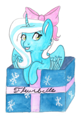 Size: 1316x2000 | Tagged: safe, artist:adoptarus, artist:aemcauley, artist:deep-bluesea-shop, oc, oc only, oc:fleurbelle, alicorn, pony, alicorn oc, bow, christmas, female, hair bow, holiday, present, solo