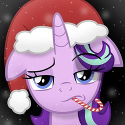 Size: 4000x4000 | Tagged: safe, alternate version, artist:sol-r, starlight glimmer, pony, unicorn, g4, the parent map, absurd resolution, bust, candy, candy cane, christmas, female, festive, floppy ears, food, frown, hat, holiday, horn, lidded eyes, mare, mouth hold, night, outdoors, raised eyebrow, santa hat, shadow, simple background, snow, snowfall, solo, starlight glimmer is not amused, unamused, vector, winter