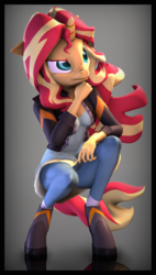 Size: 3400x6000 | Tagged: safe, artist:imafutureguitarhero, sunset shimmer, anthro, unguligrade anthro, equestria girls, g4, 3d, :t, absurd file size, absurd resolution, boots, border, clothes, colored eyebrows, colored eyelashes, dress, female, film grain, floppy ears, freckles, hand on chin, hand on knee, jacket, jeans, leather jacket, long hair, long mane, multicolored mane, multicolored tail, nose wrinkle, pants, peppered bacon, reflection, shadow, shirt, shoes, signature, socks, solo, source filmmaker, squatting, vertical, windswept mane, windswept tail