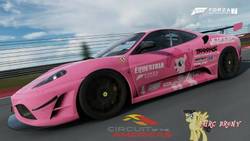 Size: 480x270 | Tagged: safe, artist:forzaveteranenigma, pinkie pie, earth pony, pony, fanfic:equestria motorsports, g4, car, circuit of the americas, driving, ferrari, ferrari 430 scuderia, forza motorsport 7, motorsport, photo, race track, racecar, racing