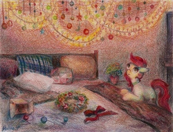 Size: 2246x1719 | Tagged: safe, artist:malinetourmaline, roseluck, earth pony, pony, g4, bed, christmas ornament, collar, commissioner:doom9454, decoration, female, flower, garland, mare, pet tag, pillow, pony pet, room, rosepet, solo, traditional art, vase