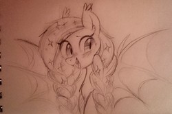 Size: 2160x1436 | Tagged: safe, artist:doctorkoda, oc, oc only, oc:crispy crescent, bat pony, pony, female, mare, monochrome, solo, traditional art