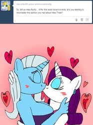 Size: 1280x1711 | Tagged: safe, artist:americananomaly, rarity, trixie, anthro, g4, anthroquestria, blushing, clothes, dress, female, kissing, lesbian, rarixie, shipping