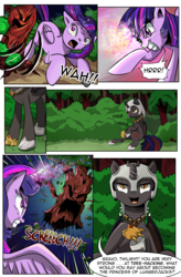 Size: 1800x2740 | Tagged: safe, artist:candyclumsy, twilight sparkle, oc, oc:fallenlight, alicorn, pony, unicorn, comic:curse and madness, g4, amulet, armor, comic, everfree forest, female, forest, helmet, magic, mare, mlpcam, night, peytral, sitting, text, text bubbles, treant, tree, twilight sparkle (alicorn), what has science done, wings