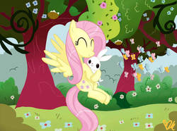 Size: 600x447 | Tagged: safe, artist:prettyfoxxylady, angel bunny, fluttershy, butterfly, g4, cute, shyabetes