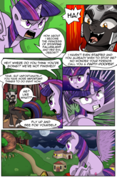 Size: 1800x2740 | Tagged: safe, artist:candyclumsy, twilight sparkle, oc, oc:fallenlight, alicorn, pony, unicorn, comic:curse and madness, g4, amulet, armor, boulder, comic, everfree forest, female, flying, forest, helmet, imminent doom, magic, mare, mlpcam, night, peytral, text, text bubbles, tree, twilight sparkle (alicorn), wings