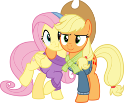 Size: 3598x3000 | Tagged: safe, artist:sollace, applejack, fluttershy, earth pony, pegasus, pony, g4, my little pony best gift ever, .svg available, :t, applejack's hat, clothes, cowboy hat, cute, duo, face smoosh, fluttershy's purple sweater, hat, high res, hug, looking at you, raised leg, scarf, show accurate, simple background, smiling, sweater, sweatershy, transparent background, vector, winter outfit