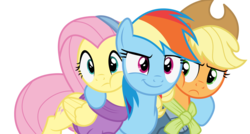 Size: 5588x3000 | Tagged: safe, artist:sollace, applejack, fluttershy, rainbow dash, earth pony, pegasus, pony, g4, my little pony best gift ever, .svg available, :t, applejack's hat, clothes, cowboy hat, cute, duo, face smoosh, female, fluttershy's purple sweater, folded wings, frown, hat, hug, looking at you, mare, rainbow dash gets all the mares, raised leg, scarf, show accurate, simple background, smiling, smug, sweater, transparent background, vector, wings, winter outfit