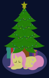 Size: 1883x3000 | Tagged: safe, artist:alltimemine, fluttershy, pegasus, pony, g4, christmas, christmas star, christmas tree, cutie mark, dark, eyes closed, female, garland, hearth's warming, hearth's warming tree, holiday, hooves, inkscape, lineless, mare, night, present, prone, sleeping, solo, tree, vector, wings