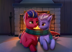 Size: 1400x1016 | Tagged: safe, artist:quvr, oc, oc only, oc:crimson star, oc:tesla coil, pegasus, pony, unicorn, clothes, commission, couple, cuddling, female, fireplace, male, mare, scarf, shared clothing, shared scarf