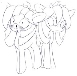 Size: 756x746 | Tagged: safe, artist:an-m, oc, oc only, oc:abstract module, oc:reflect decrypt, earth pony, pony, blood, blushing, butt bump, butt to butt, butt touch, female, incest, lineart, mare, monochrome, nosebleed, twincest, twins