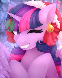 Size: 2000x2500 | Tagged: safe, artist:sinrinf, twilight sparkle, alicorn, pony, g4, bells, cute, ear piercing, female, high res, holiday, holly, holly mistaken for mistletoe, horn, new year, piercing, snow, solo, twiabetes, twilight sparkle (alicorn), wings