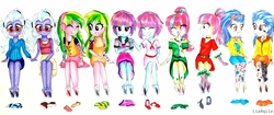 Size: 3055x1279 | Tagged: safe, artist:liaaqila, indigo zap, lemon zest, sour sweet, sugarcoat, sunny flare, changeling, vampire, equestria girls, g4, alternate universe, bandage, barefoot, belt, boots, choker, clothes, commission, crystal prep shadowbolts, cute, discarded clothing, dress, duality, eyebrow piercing, eyeshadow, face tattoo, fangs, feather, feet, female, fetish, foot fetish, freckles, glasses, group, headphones, high heels, holding hands, hoodie, jacket, jewelry, leather jacket, lip piercing, makeup, multeity, necklace, open mouth, piercing, pigtails, ponytail, self paradox, shadow five, shoes, simple background, skirt, sleeveless, slit pupils, smiling, snake bites, sneakers, socks, striped socks, sugarcoat is not amused, sunny flare is not amused, sweater, tank top, tattoo, tickle fetish, tickle torture, tickling, traditional art, transformation, twintails, unamused, wall of tags, white background