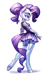 Size: 2224x3820 | Tagged: safe, artist:holivi, rarity, unicorn, anthro, unguligrade anthro, g4, alternate hairstyle, clothes, female, high res, legs, mare, miniskirt, pleated skirt, ponytail, school uniform, shirt, simple background, skirt, solo, stockings, sweater vest, thigh highs, white background, zettai ryouiki