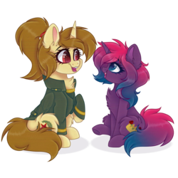 Size: 1024x1024 | Tagged: safe, artist:_spacemonkeyz_, oc, oc only, oc:katya ironstead, oc:rozaline sassyfangs, alicorn, pony, unicorn, chest fluff, female, mare, simple background, sitting, transparent background